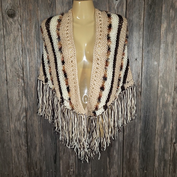 Beige Brown Hand Knitted Shawl Scarf Wrap Boho New - Picture 2 of 9